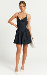Betchie Mini Dress - V - Neck Strappy Drop Waist Gathered Skirt Denim Dress in Dark Raw Denim